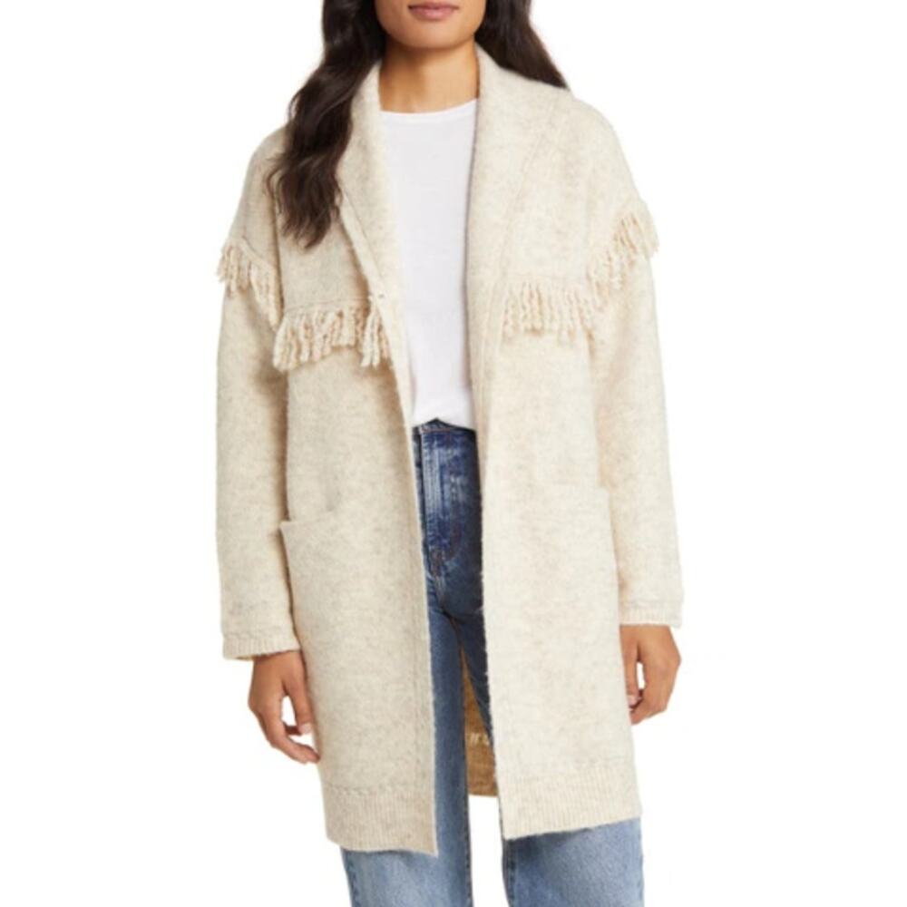 New ~ WIT & WISDOM ~ Heather Oatmeal Fringe Yoke Cardigan Size M